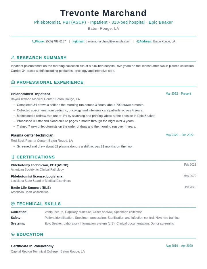 Phlebotomist resume example, mid level, rendered in the Green Academic template