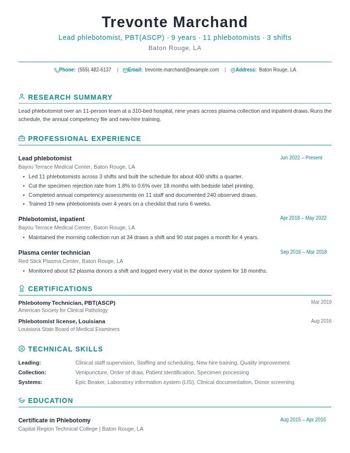 Phlebotomist resume example, senior level, rendered in the Green Academic template
