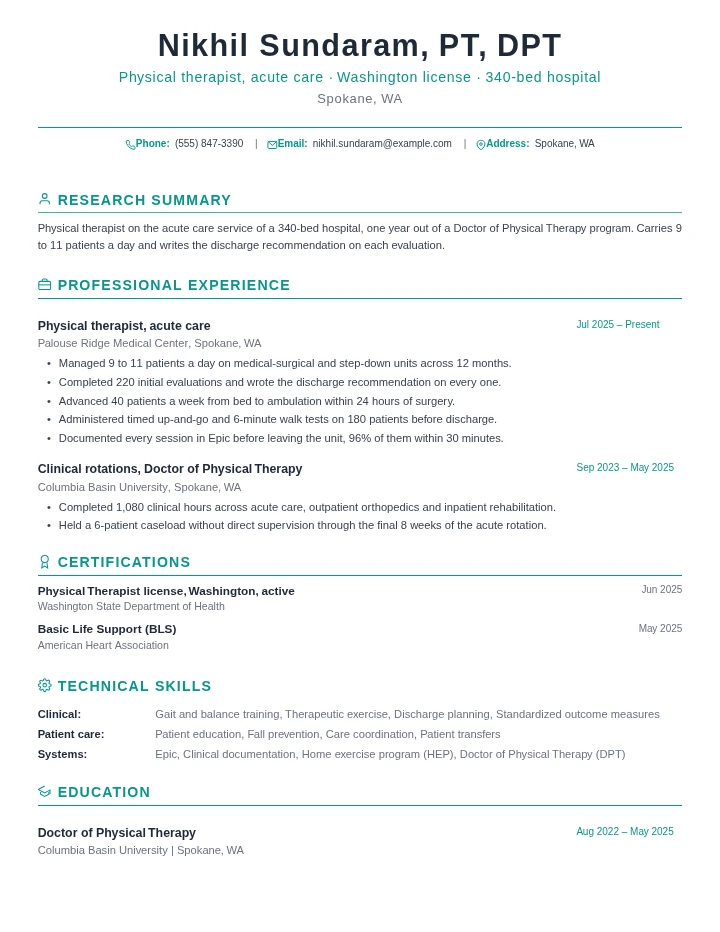 Physical therapist resume example, entry level, rendered in the Green Academic template