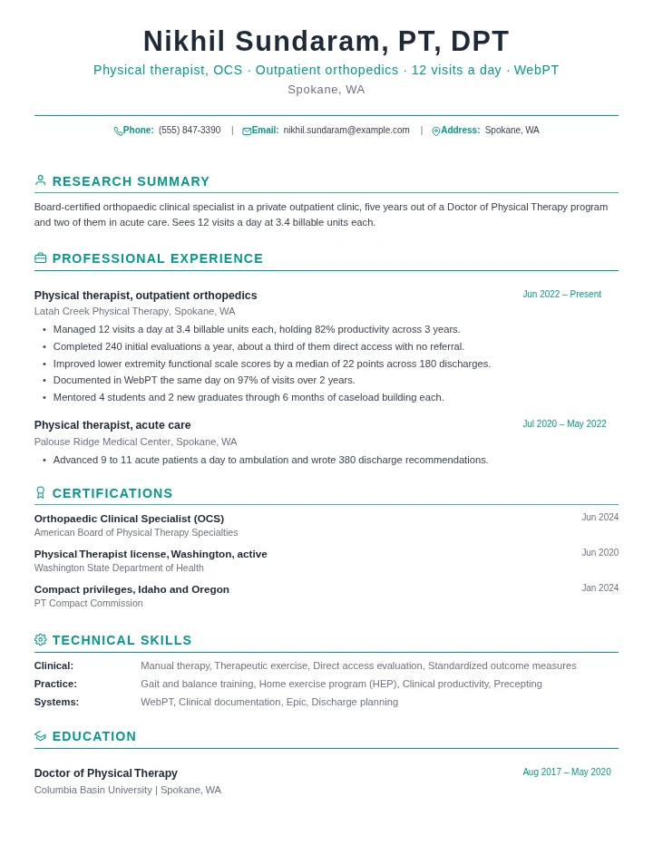 Physical therapist resume example, mid level, rendered in the Green Academic template