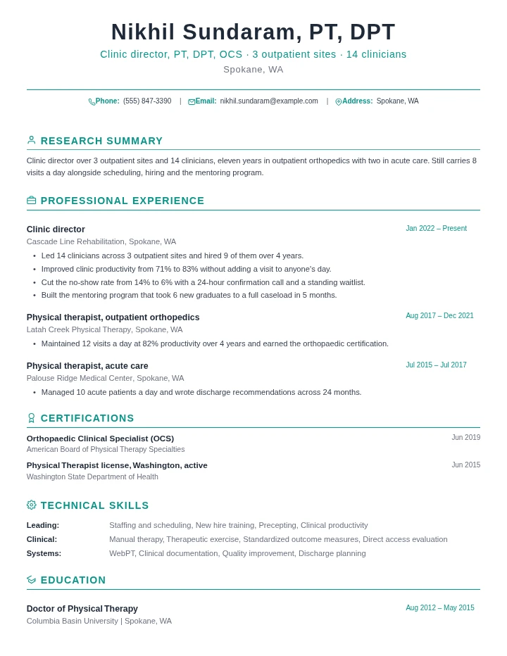 Physical therapist resume example, senior level, rendered in the Green Academic template
