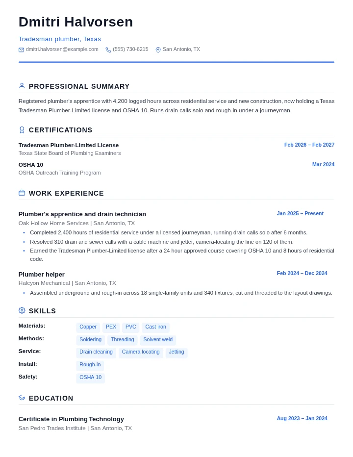 Plumber resume example, entry level, rendered in the Standard template