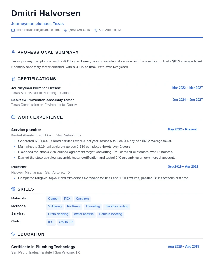 Plumber resume example, mid level, rendered in the Standard template