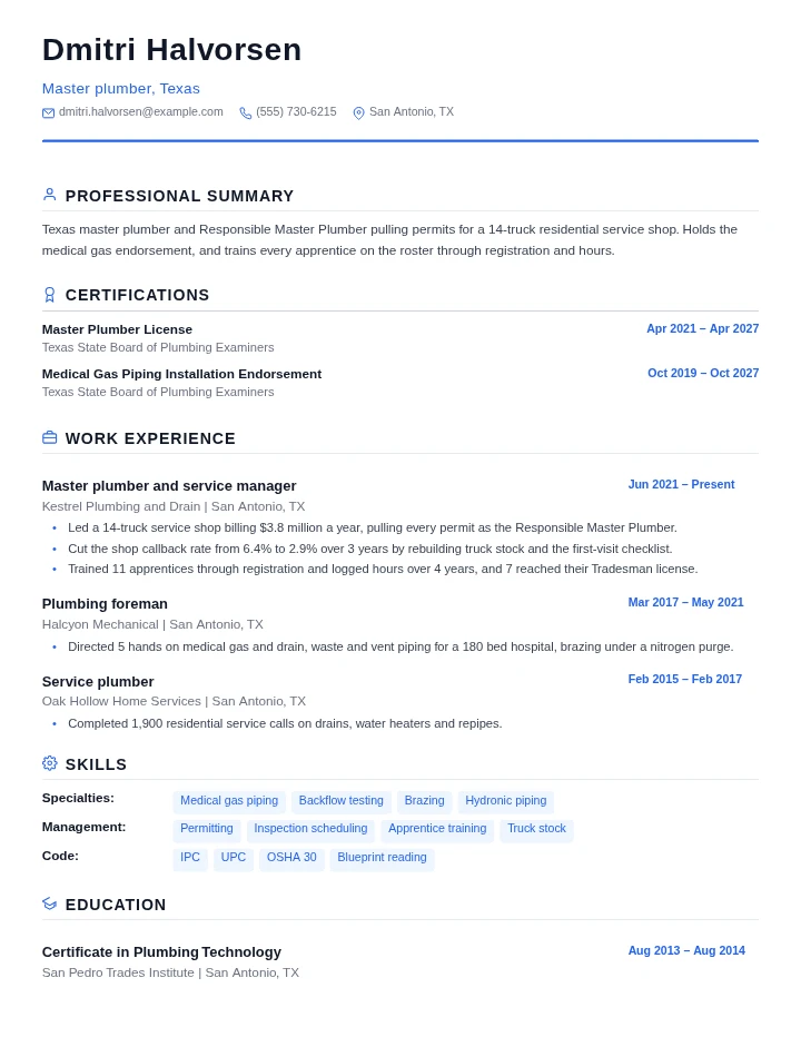 Plumber resume example, senior level, rendered in the Standard template