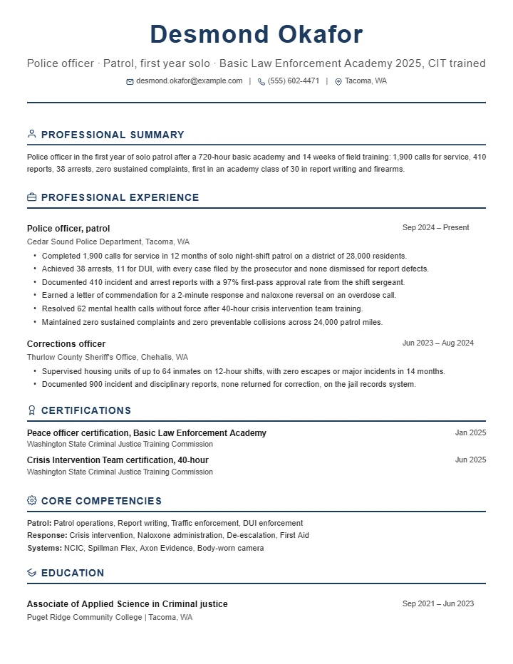 Police officer resume example, entry level, rendered in the Executive Classic template