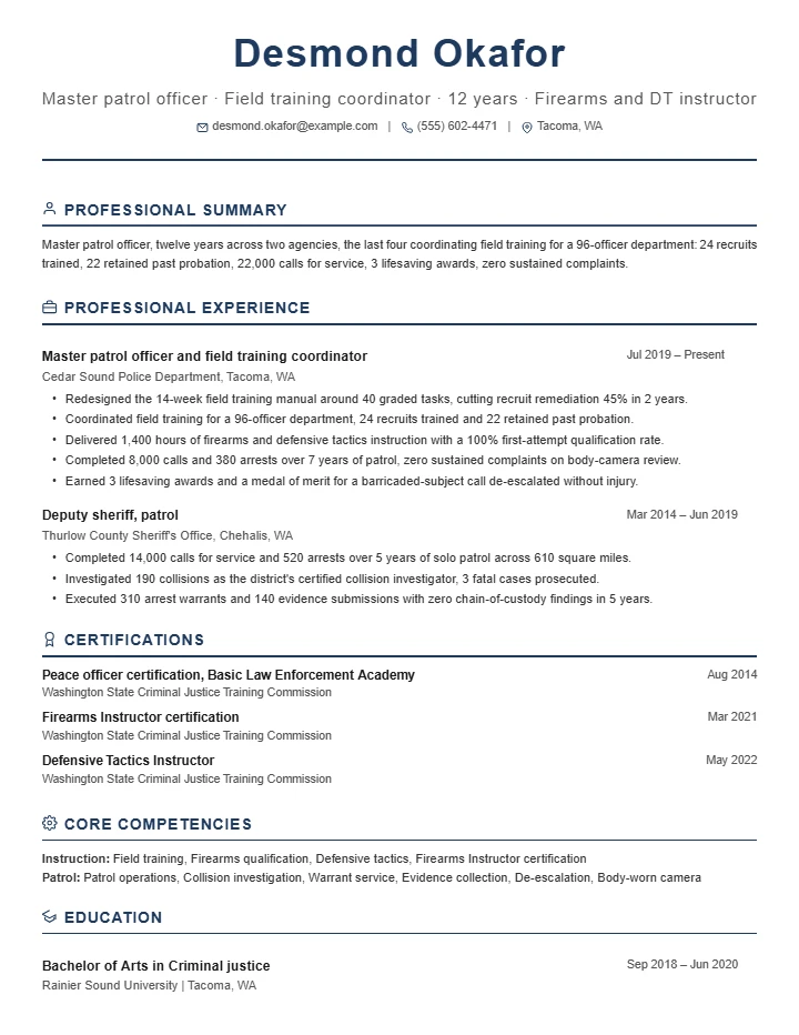 Police officer resume example, senior level, rendered in the Executive Classic template