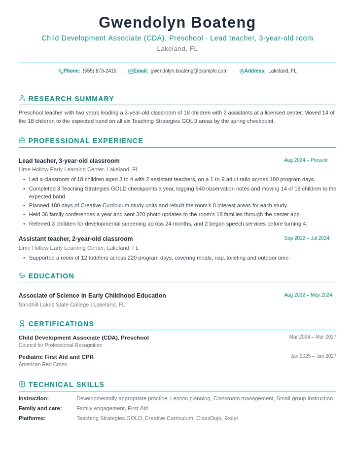 Preschool teacher resume example, entry level, rendered in the Green Academic template