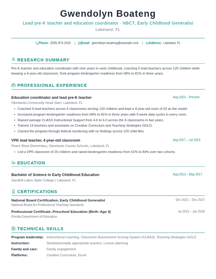 Preschool teacher resume example, senior level, rendered in the Green Academic template