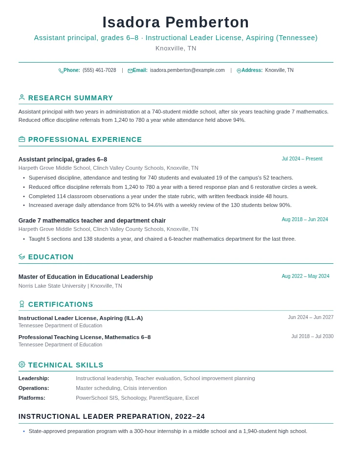 Principal resume example, entry level, rendered in the Green Academic template