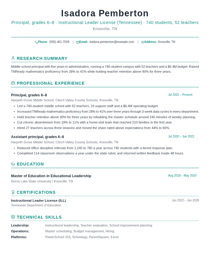 Principal resume example, mid level, rendered in the Green Academic template