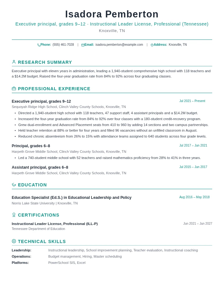 Principal resume example, senior level, rendered in the Green Academic template