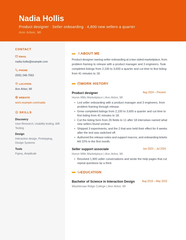 product designer resume example, entry level, rendered in the Orange Creative template