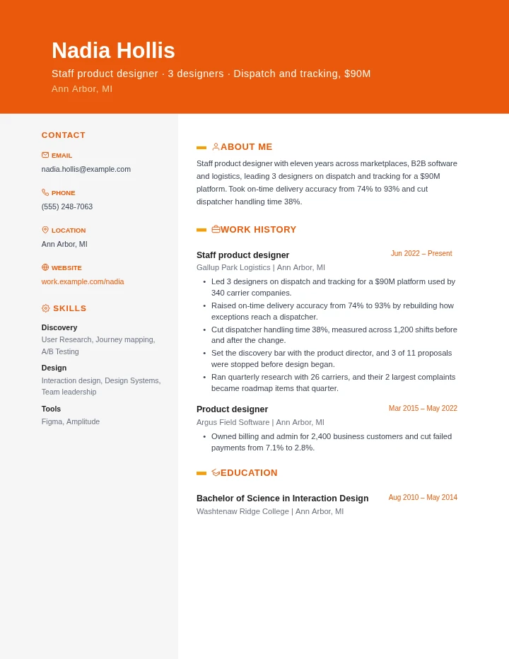 product designer resume example, senior level, rendered in the Orange Creative template