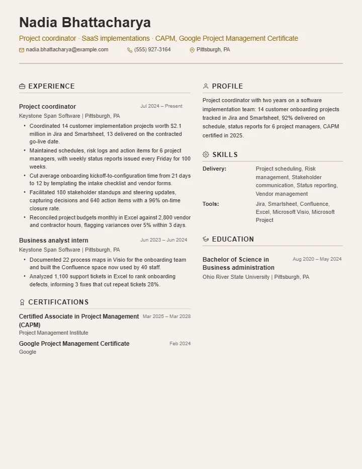 Project manager resume example, entry level, rendered in the Beige Two-Column template