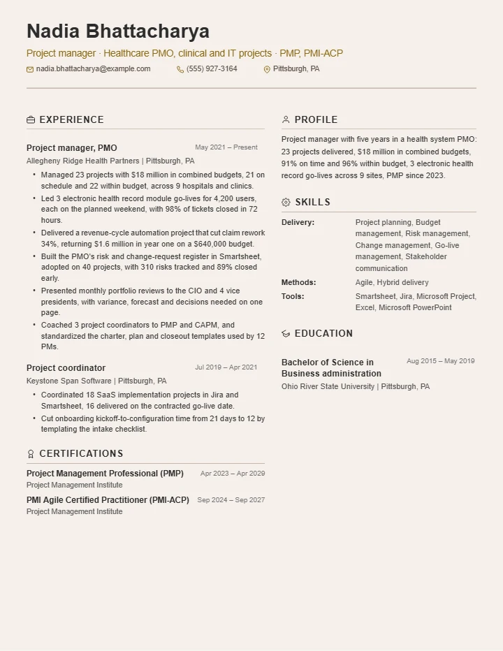 Project manager resume example, mid level, rendered in the Beige Two-Column template