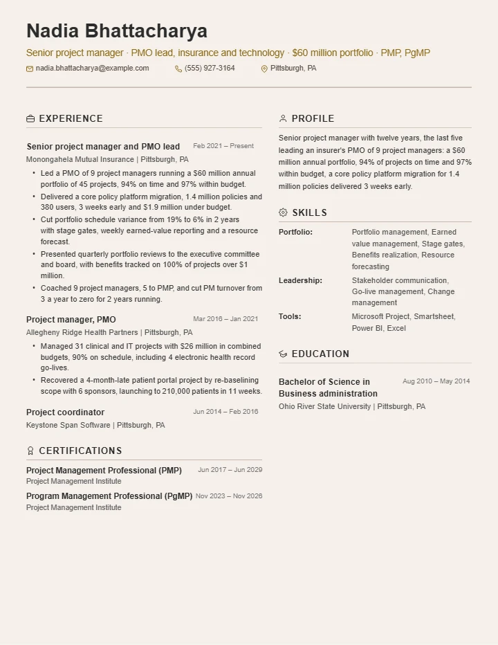 Project manager resume example, senior level, rendered in the Beige Two-Column template