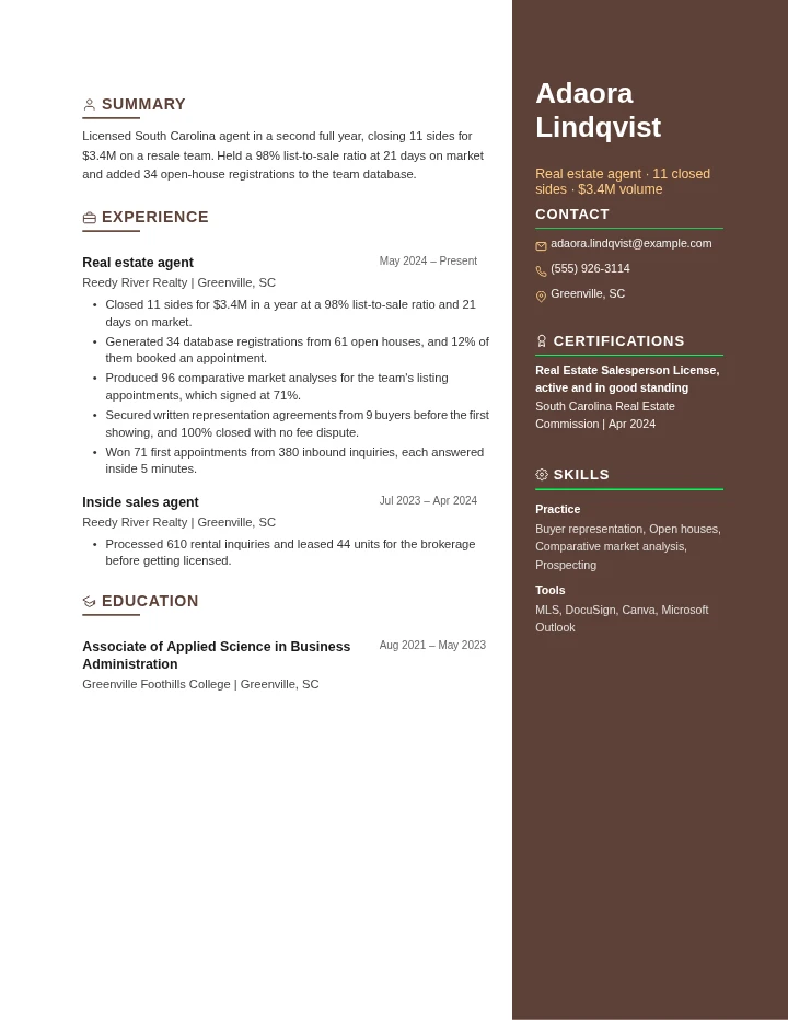 real estate agent resume example, entry level, rendered in the Brown Sidebar template