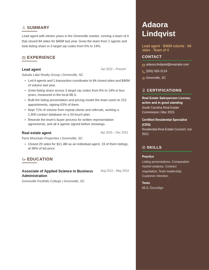 real estate agent resume example, senior level, rendered in the Brown Sidebar template