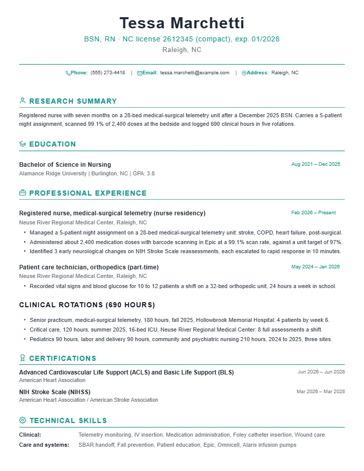 Registered nurse resume example, entry level, rendered in the Green Academic template