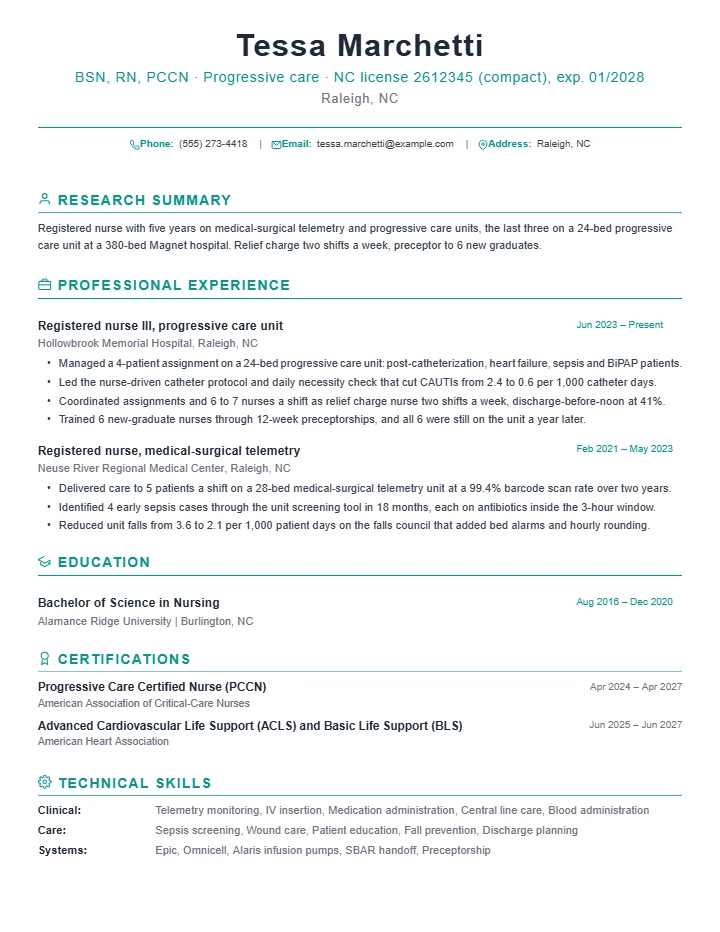 Registered nurse resume example, mid level, rendered in the Green Academic template
