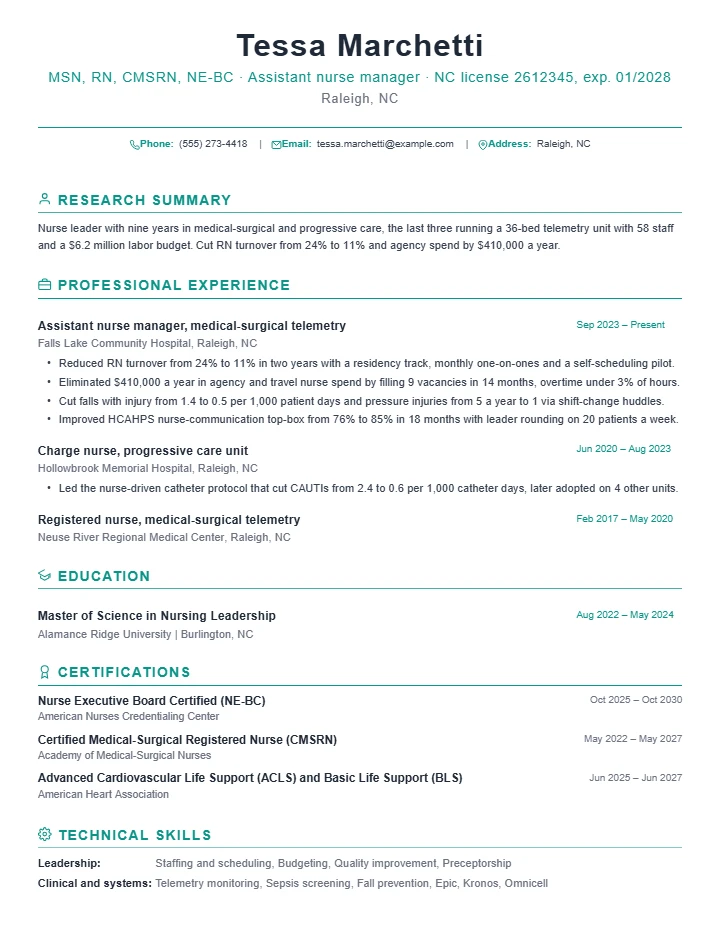 Registered nurse resume example, senior level, rendered in the Green Academic template