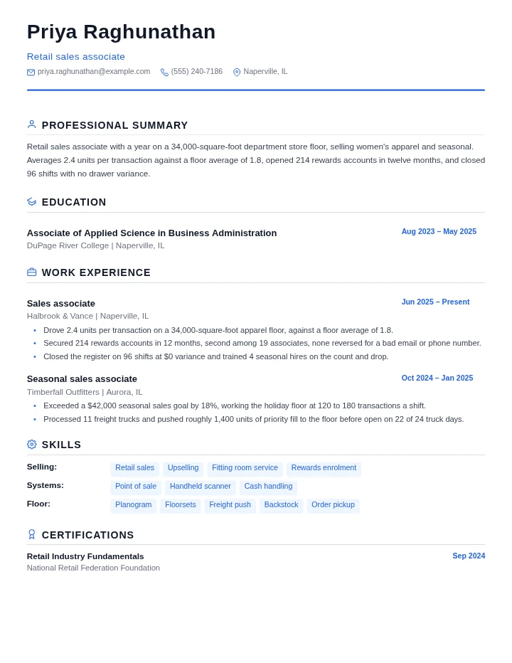 Retail sales associate resume example, entry level, rendered in the Standard template