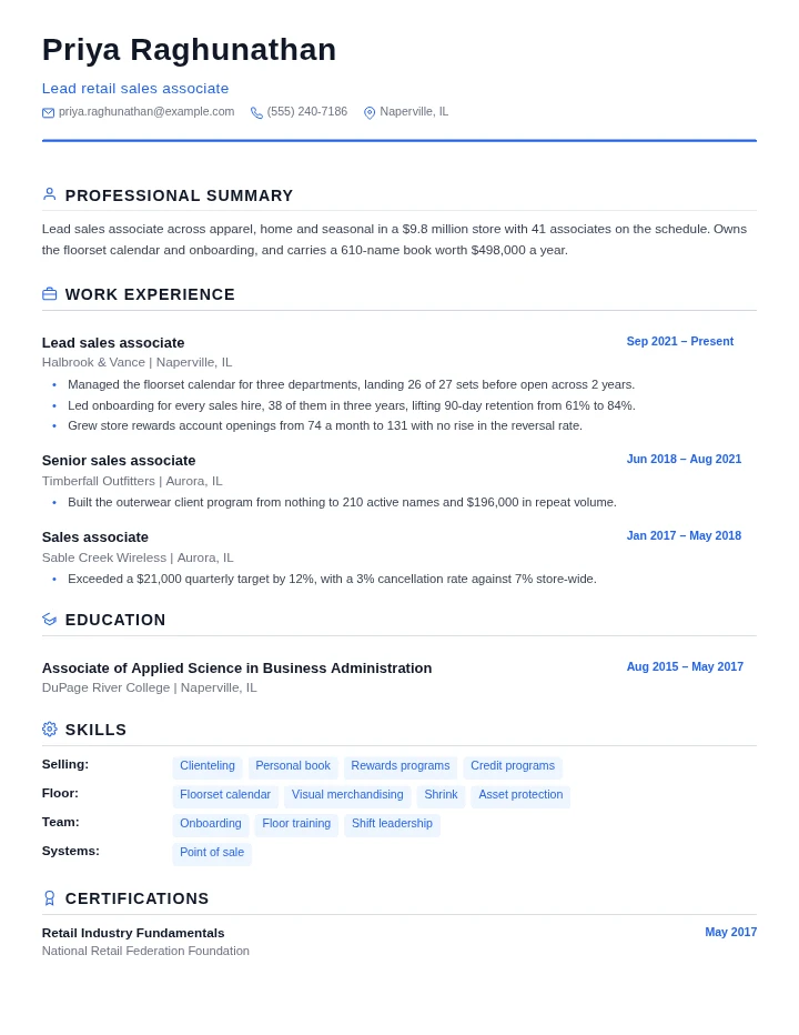 Retail sales associate resume example, senior level, rendered in the Standard template