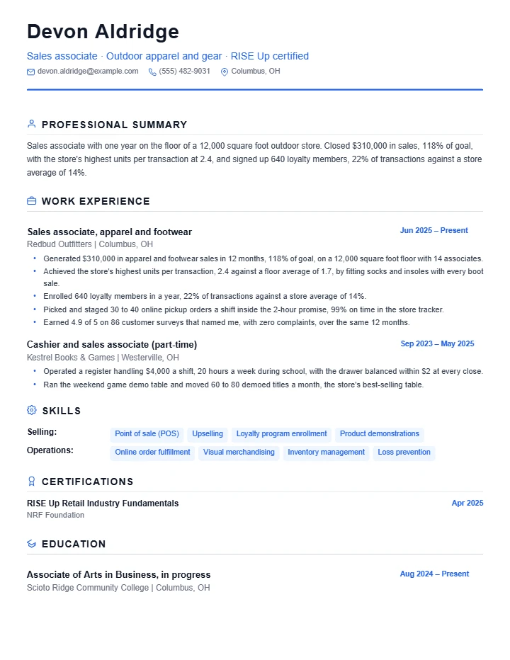 Sales associate resume example, entry level, rendered in the Standard template
