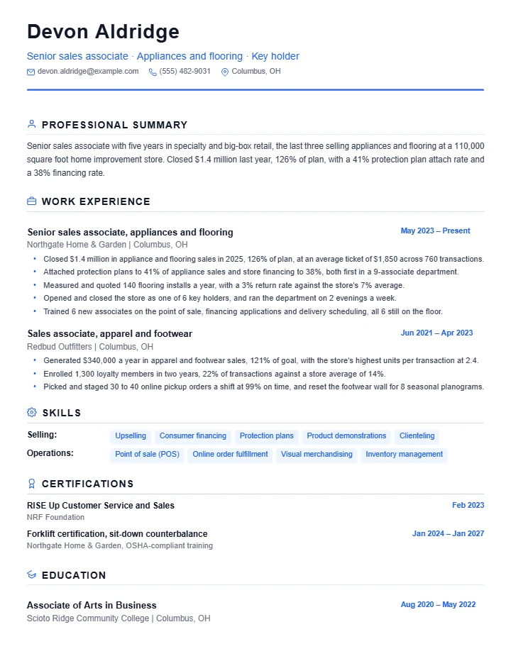 Sales associate resume example, mid level, rendered in the Standard template