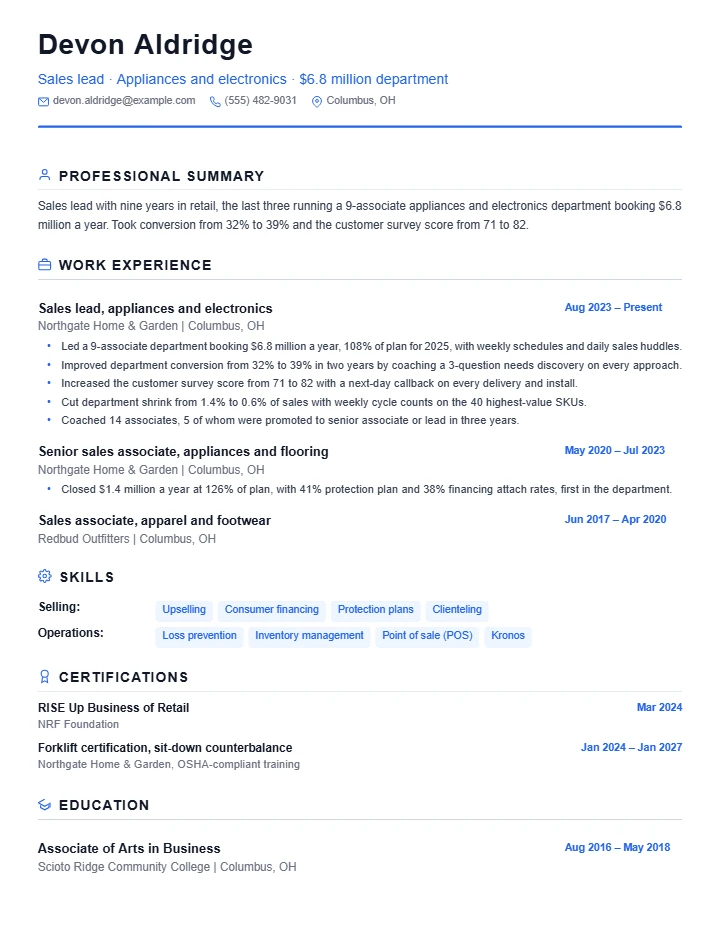 Sales associate resume example, senior level, rendered in the Standard template