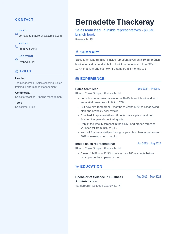 sales manager resume example, entry level, rendered in the Blue Professional template