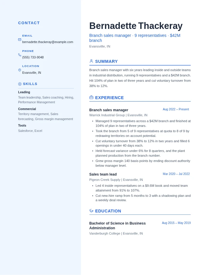 sales manager resume example, mid level, rendered in the Blue Professional template