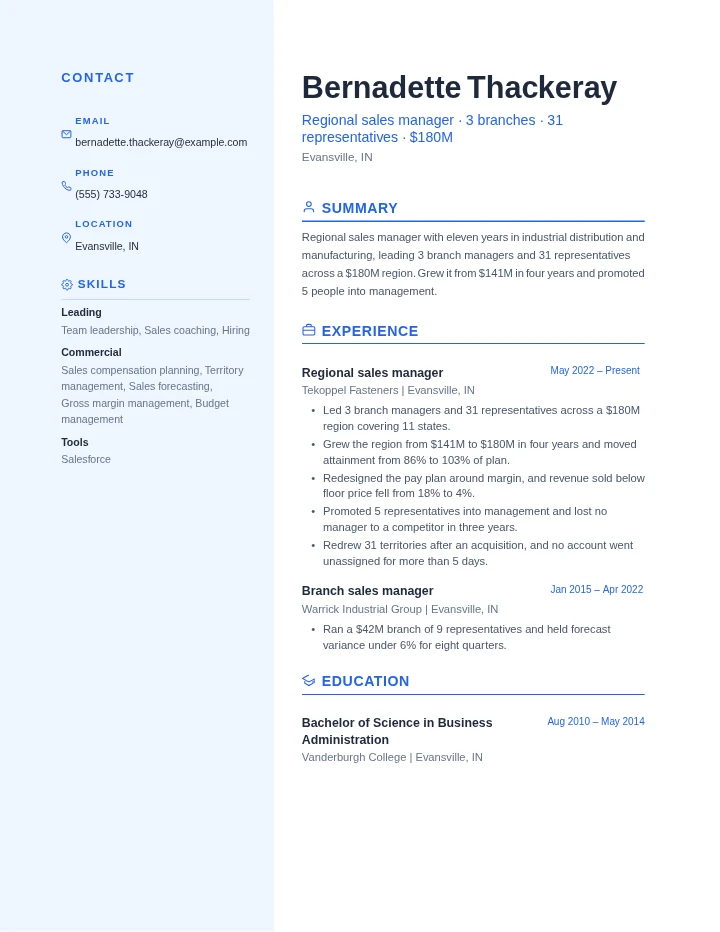 sales manager resume example, senior level, rendered in the Blue Professional template