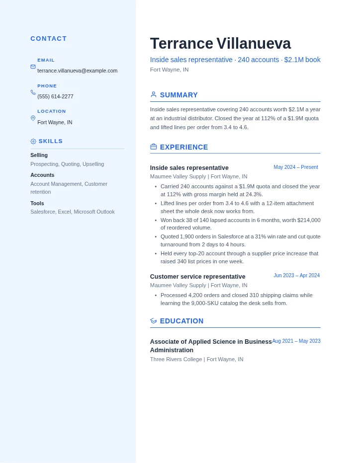sales representative resume example, entry level, rendered in the Blue Professional template