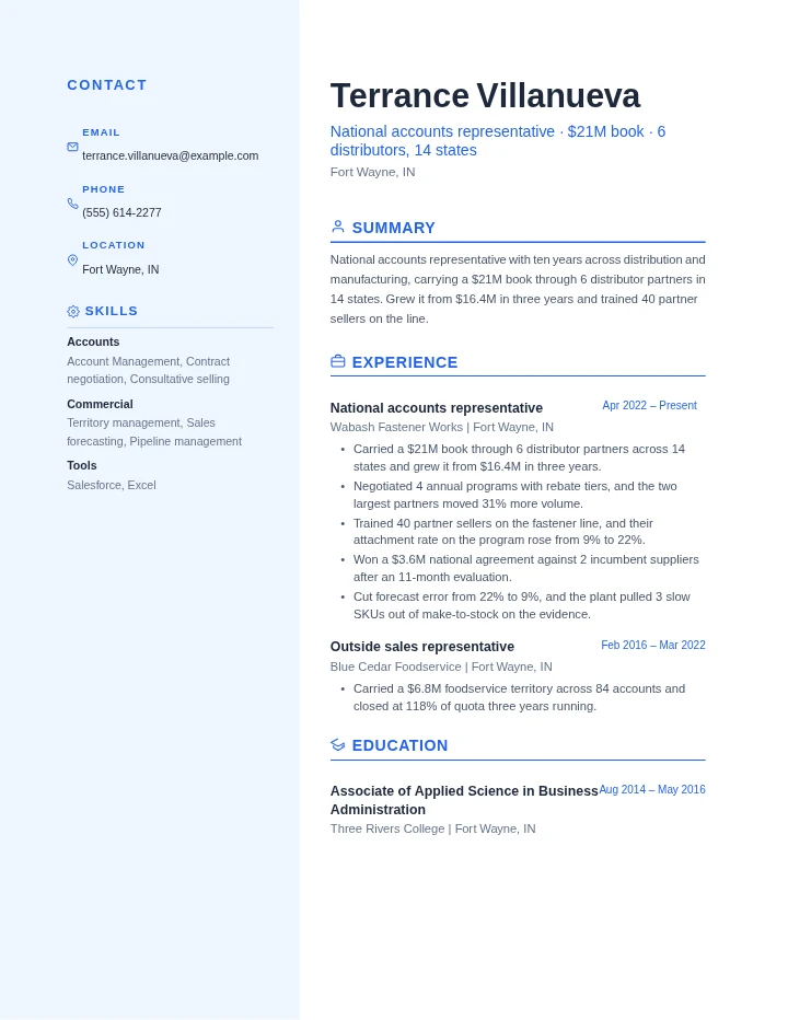 sales representative resume example, senior level, rendered in the Blue Professional template