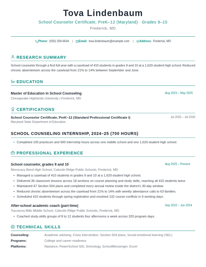 School counselor resume example, entry level, rendered in the Green Academic template