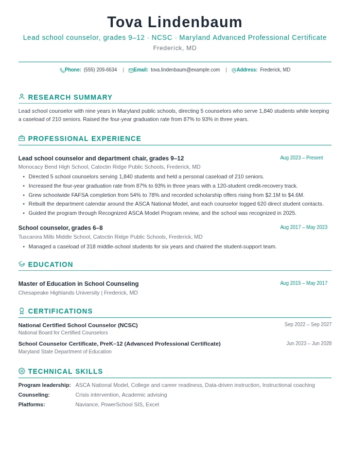 School counselor resume example, senior level, rendered in the Green Academic template