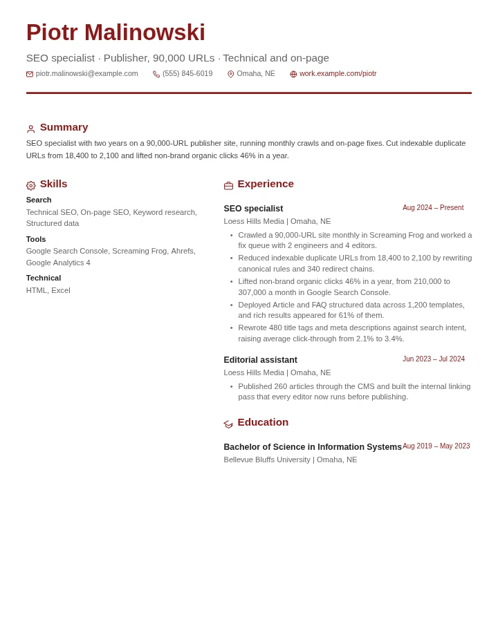 SEO specialist resume example, entry level, rendered in the Red & Gray Modern template