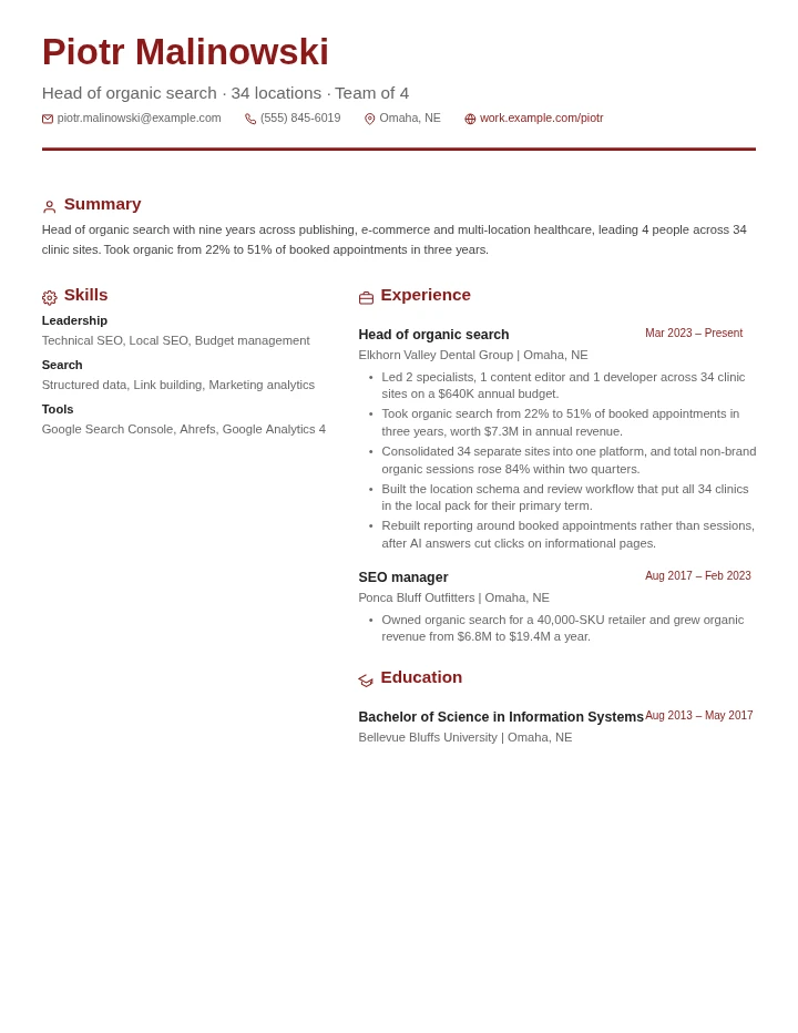 SEO specialist resume example, senior level, rendered in the Red & Gray Modern template