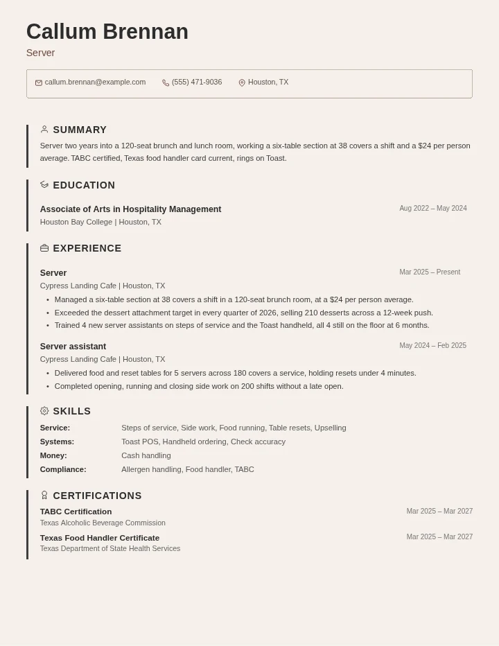 Server resume example, entry level, rendered in the Beige Border template