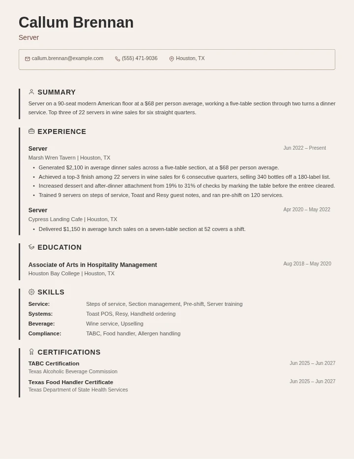 Server resume example, mid level, rendered in the Beige Border template