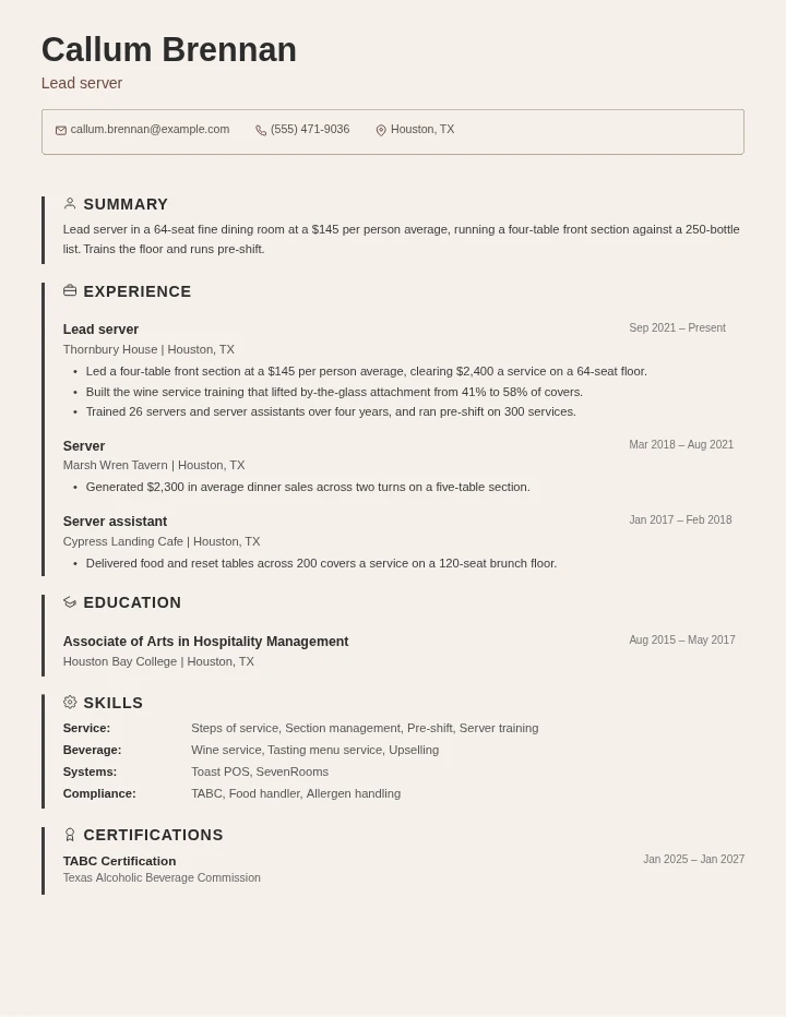 Server resume example, senior level, rendered in the Beige Border template