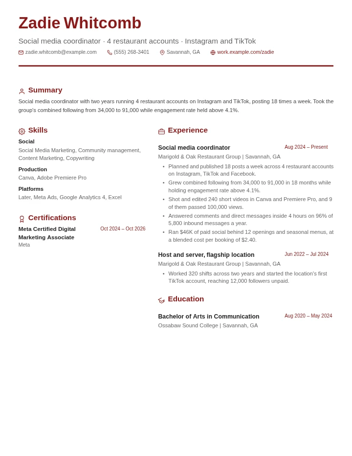 Social media manager resume example, entry level, rendered in the Red & Gray Modern template