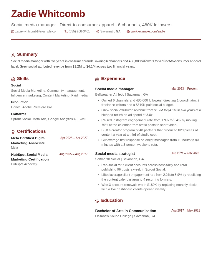Social media manager resume example, mid level, rendered in the Red & Gray Modern template