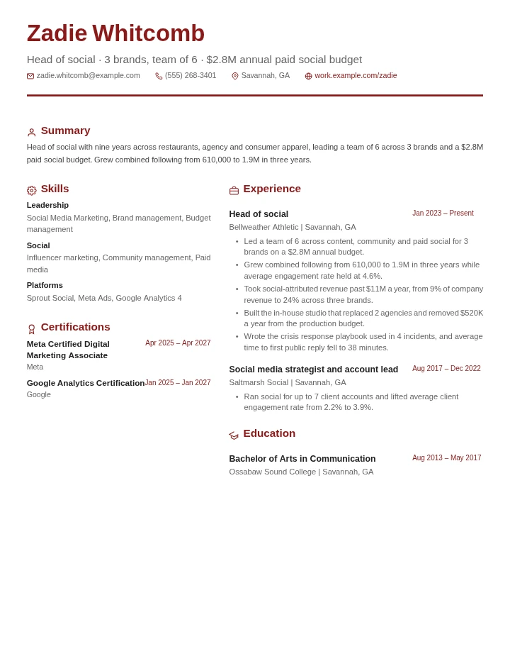 Social media manager resume example, senior level, rendered in the Red & Gray Modern template