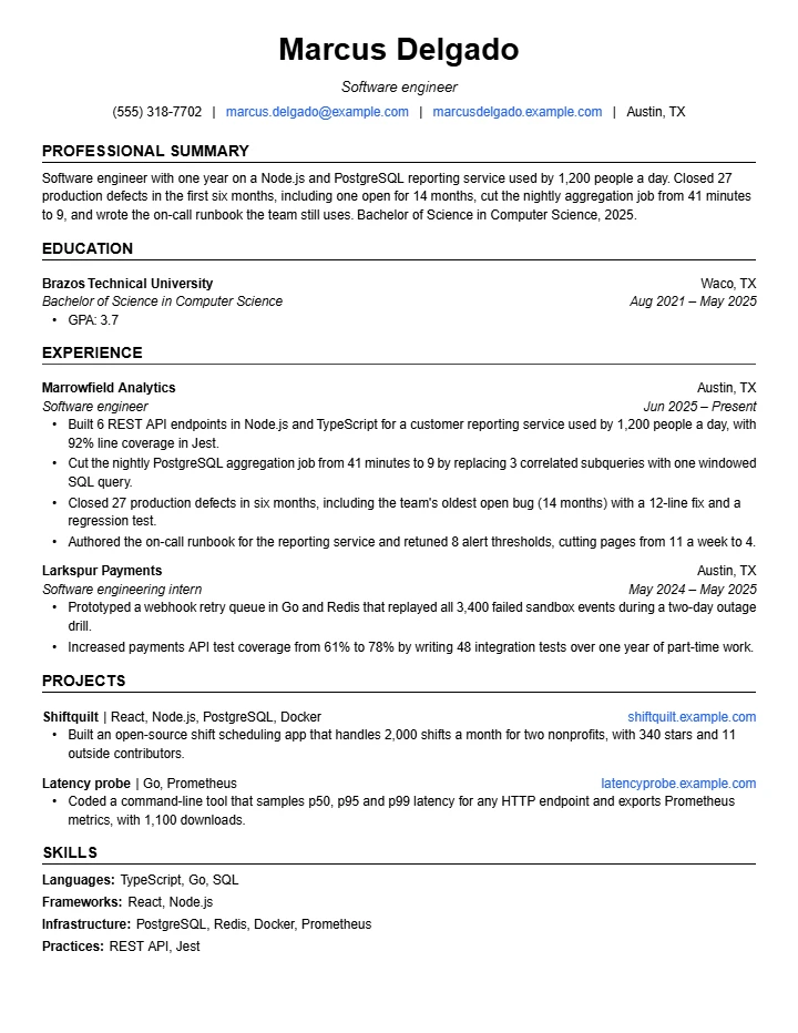 Software engineer resume example, entry level, rendered in The Jake's template