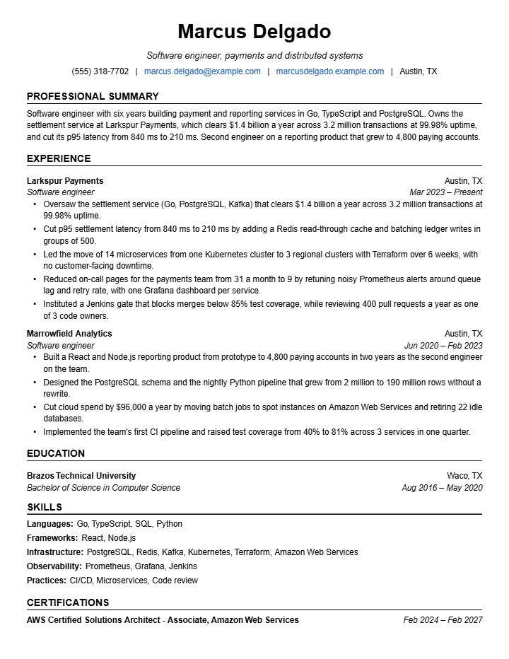 Software engineer resume example, mid level, rendered in The Jake's template