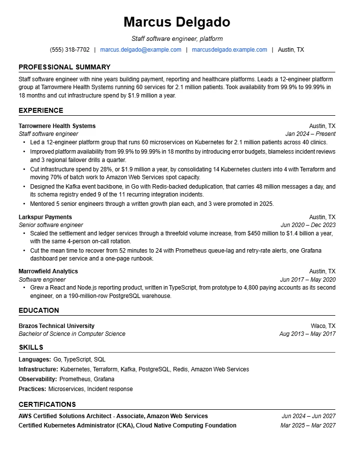 Software engineer resume example, senior level, rendered in The Jake's template