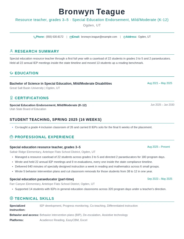 Special education teacher resume example, entry level, rendered in the Green Academic template