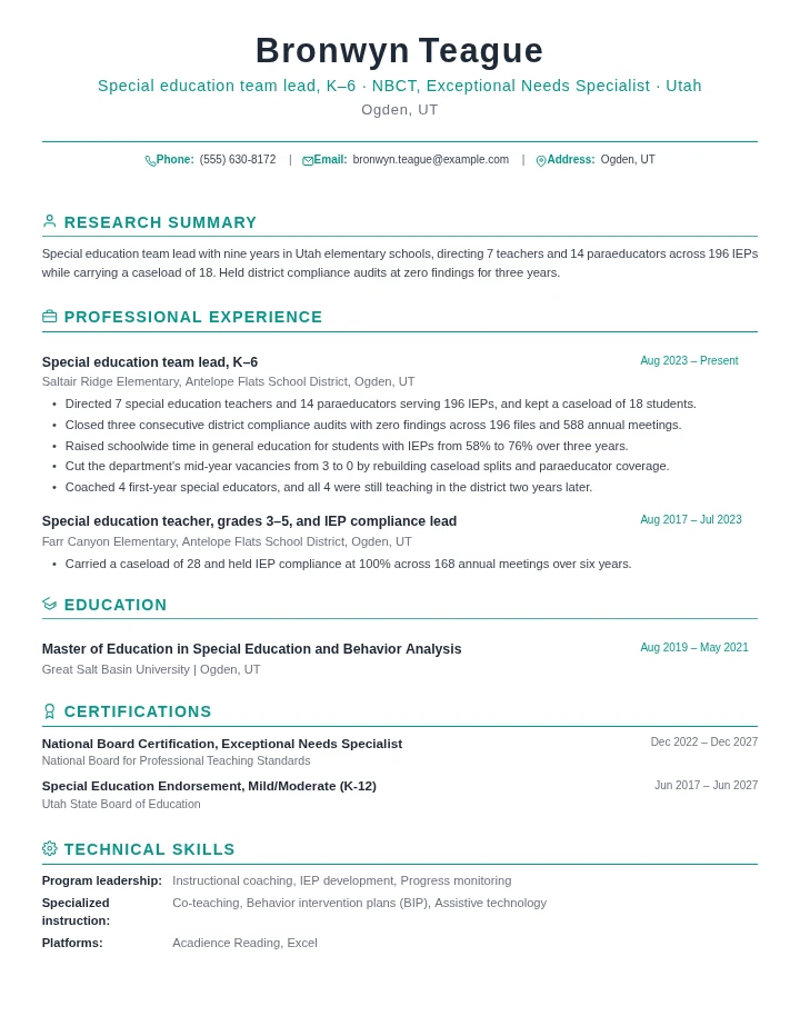 Special education teacher resume example, senior level, rendered in the Green Academic template